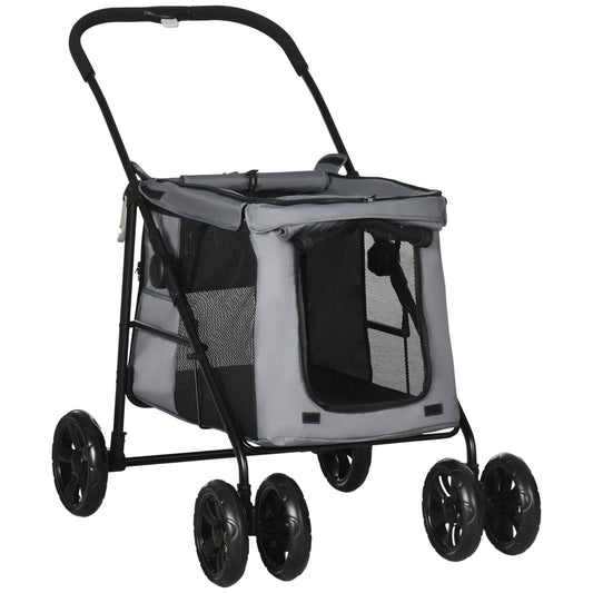 Dog Pram Dog Stroller 4 Wheels Pet Pushchair with Rolling Door, Cushion, Safety Leashes, for Small and Medium Breeds, Grey