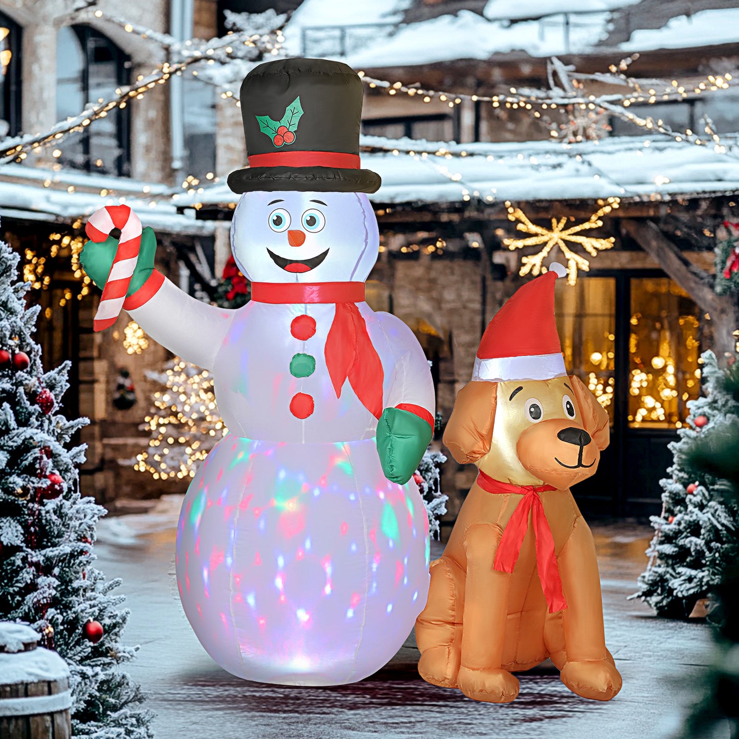 6FT Christmas Inflatables Snowman & Dog with Built-in LED Lights and Flashing Light
