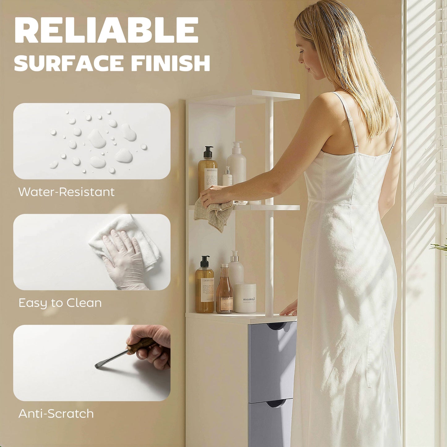 Tall Bathroom Cabinet, Freestanding Slim Bathroom Storage Cabinet with 2-Tier Open Shelf and 2 Drawers for Small Space
