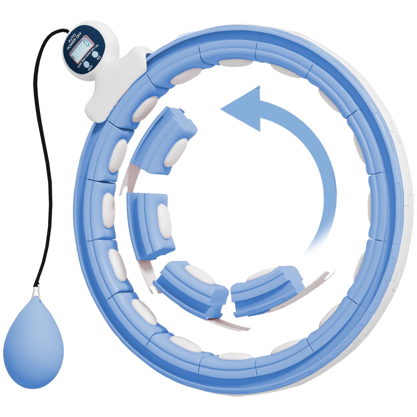 Smart Weighted Hula Hoop, Massage Hula Ring w/ 16 Detachable Knots, 360° Auto-Rotating Ball, Digital Counter Light Blue