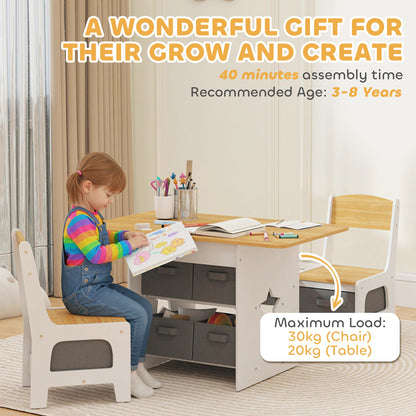 Kids Table and Chair Set, Toddler Table and 2 Chairs Set with 6 Removable Drawers, for Boys Girls Ages 3-8, Natural