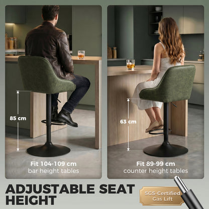 Bar Stools Adjustable Swivel Kitchen Chairs with Backrest Set of 2 for Kitchen Island Dark Green