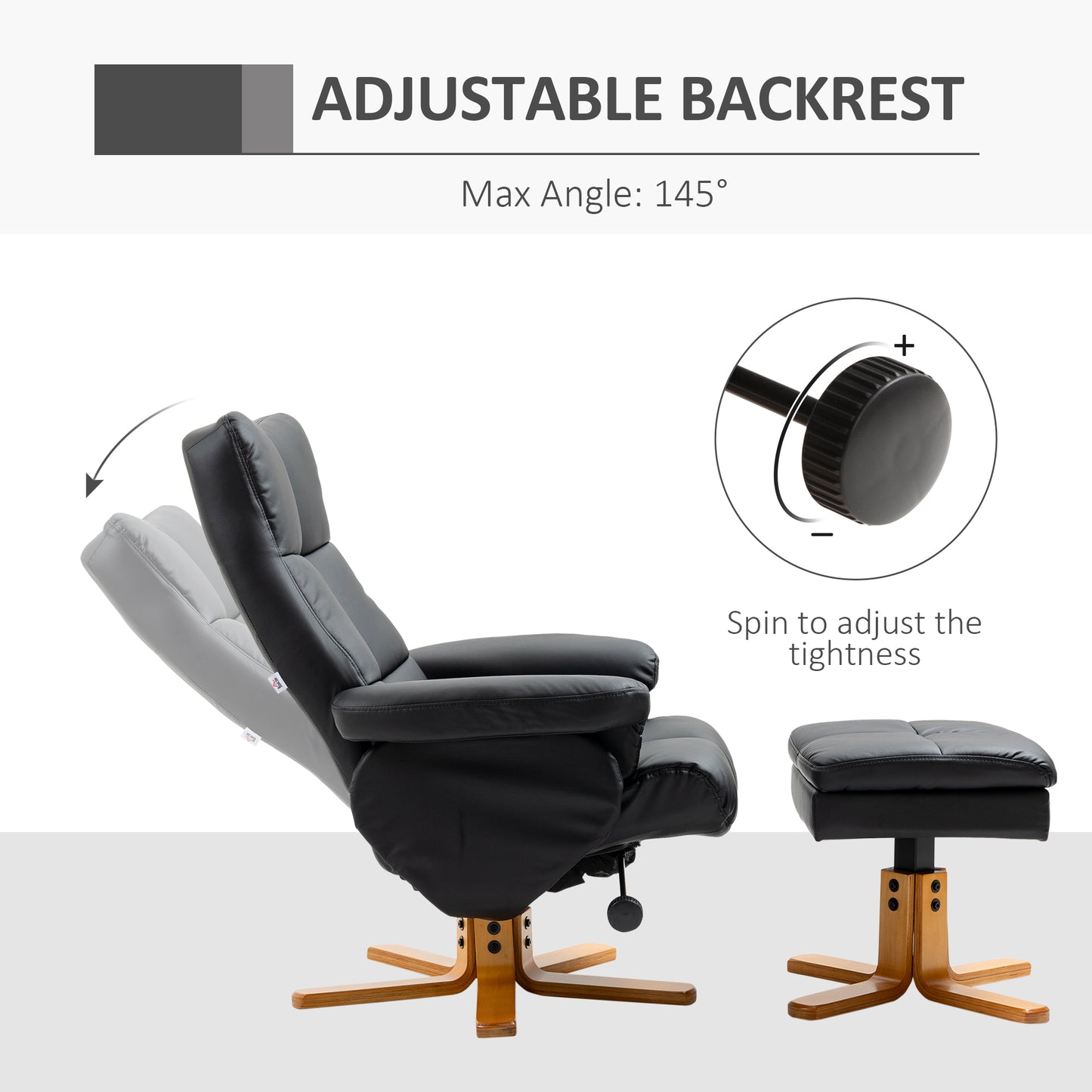 PU Leather Swivel Recliner Chair with Footstool, Wooden Base and Storage for Living Room, Black
