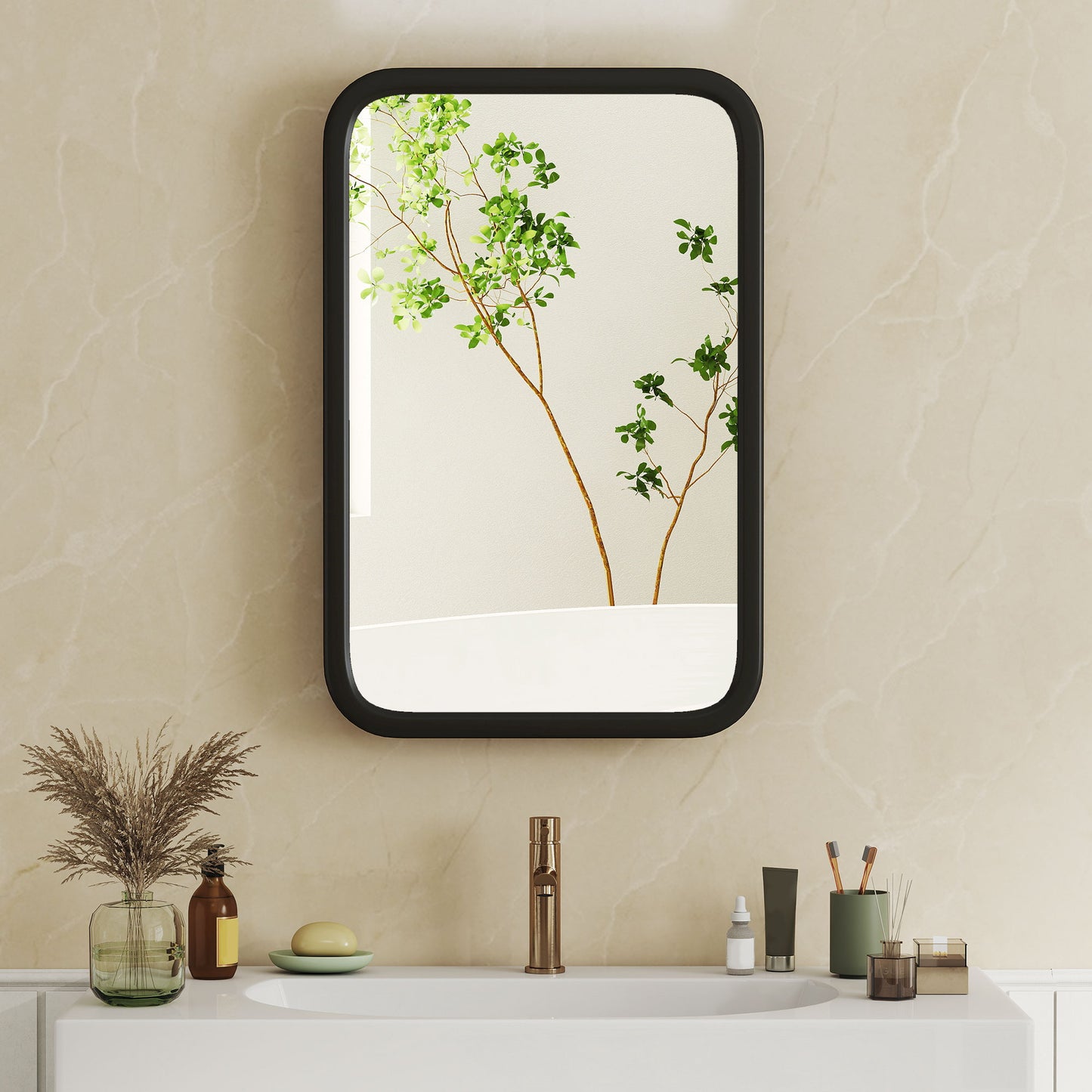 Bathroom Wall Cabinet with Tempered Mirror Metal Bathroom Mirror Cabinet with 3 Shelves Black