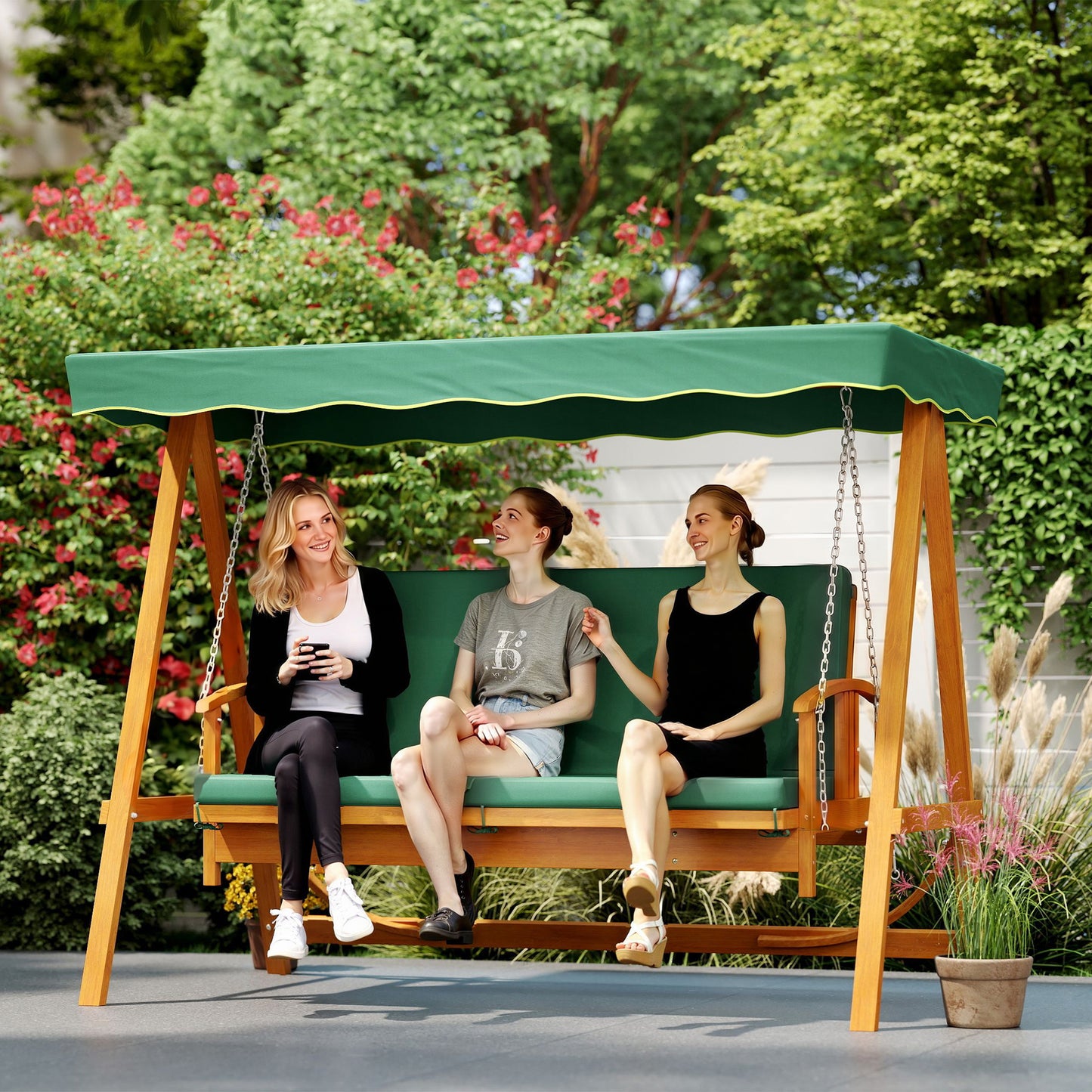 3 Seater 2-in-1 Wooden Garden Swing Seat Swing Chair, Outdoor Convertible Hammock Bench w/cushion, Furniture Lounger Bed