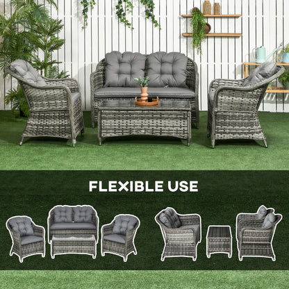 Four-Piece Rattan Sofa Set, with Glass-Top Table - Mixed Grey