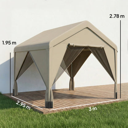 3 x 3 m Patio Gazebo with Netting & Curtains, Outdoor Canopy Shelter with Galvanised Steel Frame, Khaki