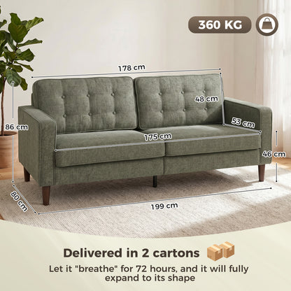 3 Seater Sofa Button Tufted Upholstered Couch with Wood Legs for Living Room, Green