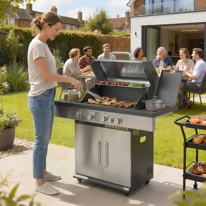4+1 Burner Gas BBQ Grill, Portable Gas Barbecue Grill with Side Burner, Warming Rack, Side Shelf, Storage Cabinet