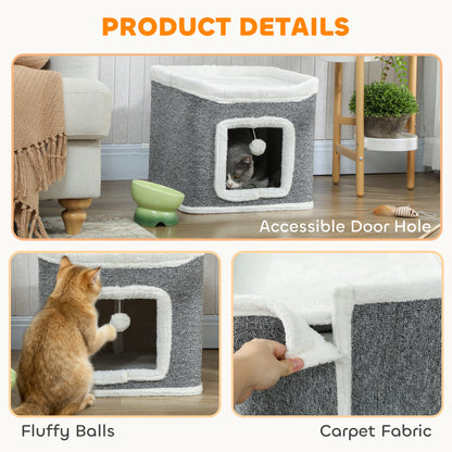 Cat House for Indoor Kittens, 2-Level Cat Cave Bed with Fluffy Balls, Top Bed, Kitten Barrel for Multi Kitties, Grey