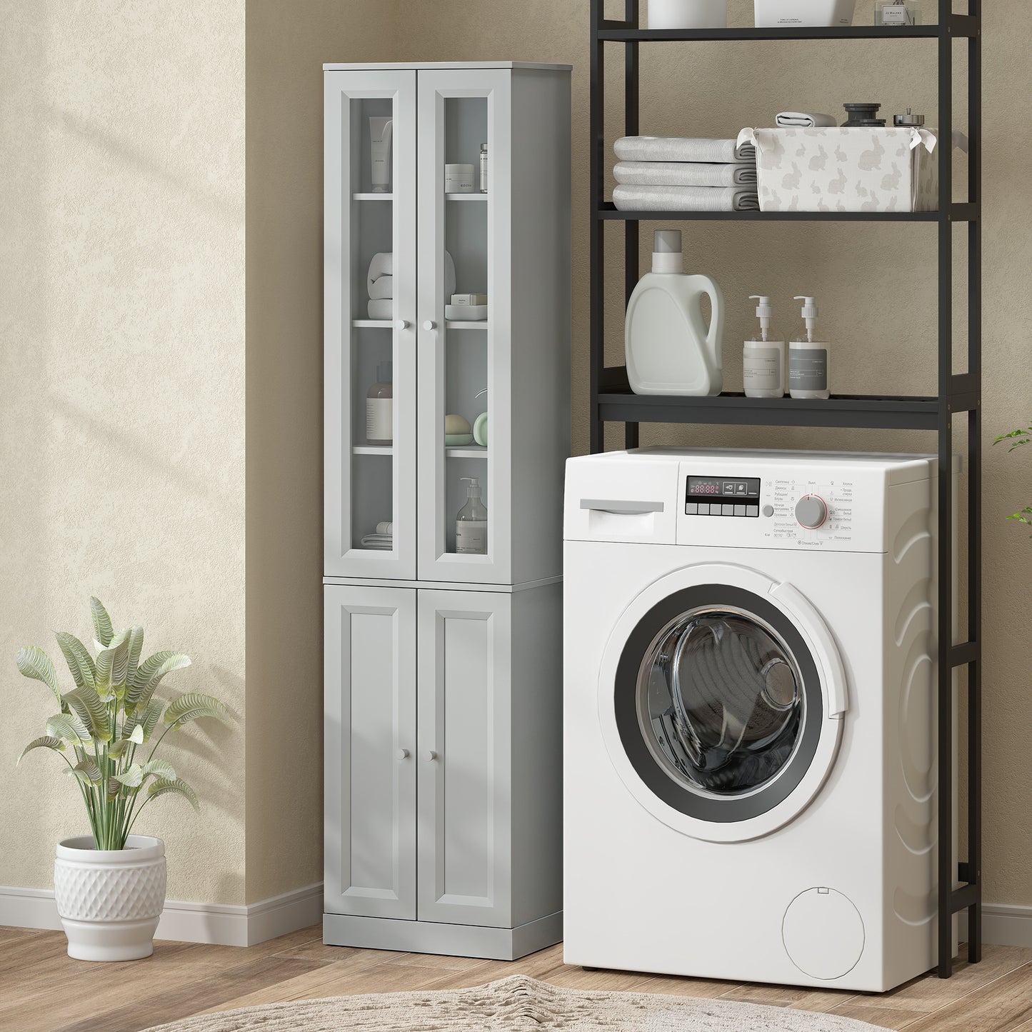 Tall Bathroom Storage Cabinet, 6-Tier Slim Bathroom Cabinet with Adjustable Shelf, 4 Soft-Close Doors, Dusty Blue