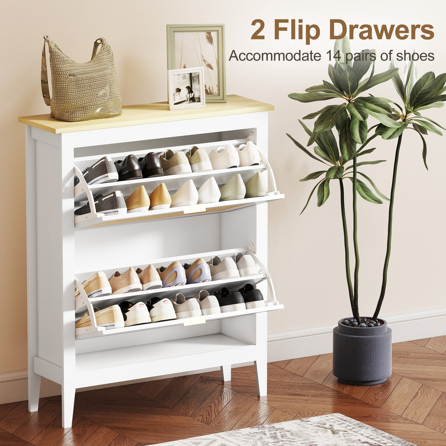 Narrow Shoe Cabinet, Boho Slim Shoe Storage Cabinet with 2 Flip Drawers, Holds 14 Pairs, White