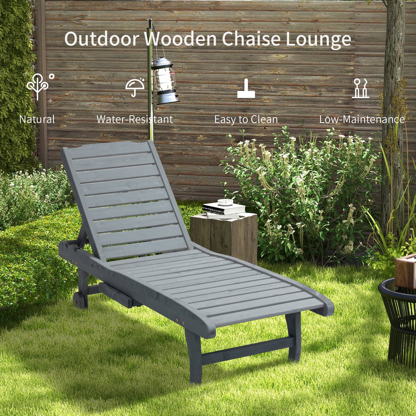 Garden Patio Sun Lounger, Outdoor Wooden Sun Bed with Built-In Table, Reclining Backrest and Rolling Wheels for Sunbathing