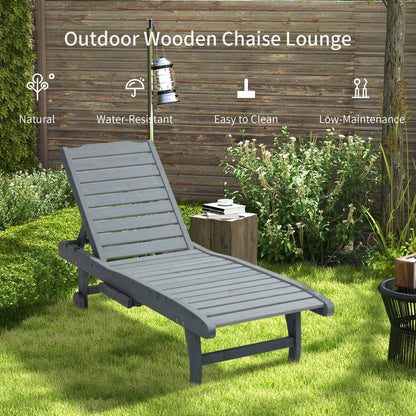 Garden Patio Sun Lounger, Outdoor Wooden Sun Bed with Built-In Table, Reclining Backrest and Rolling Wheels for Sunbathing