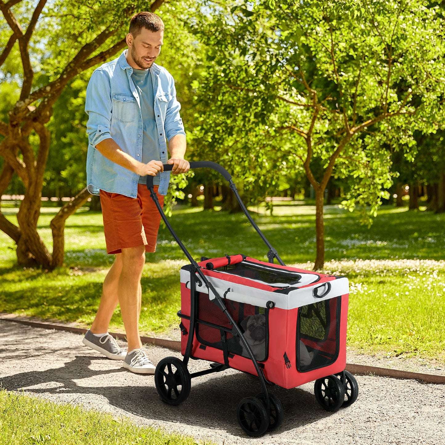Foldable Dog Stroller, Pet Travel Crate, with Detachable Carrier, Soft Padding, for Mini, Small Dogs - Red