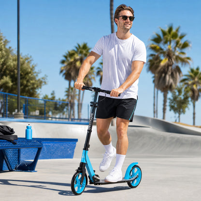 One-click Folding Kick Scooter for 14+ w/ Adjustable Handlebar, Push Scooter with Kickstand, Dual Brake System, Blue