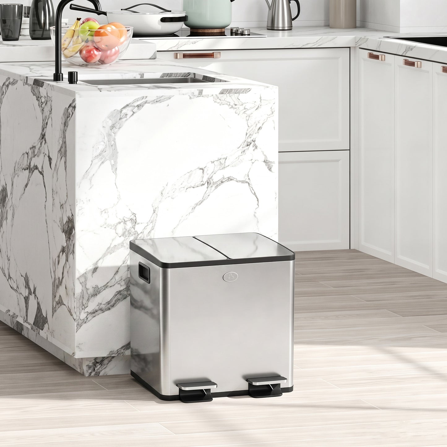 30L Dual Compartment Stainless Steel Bin, with Deodoriser Holders - Silver Tone