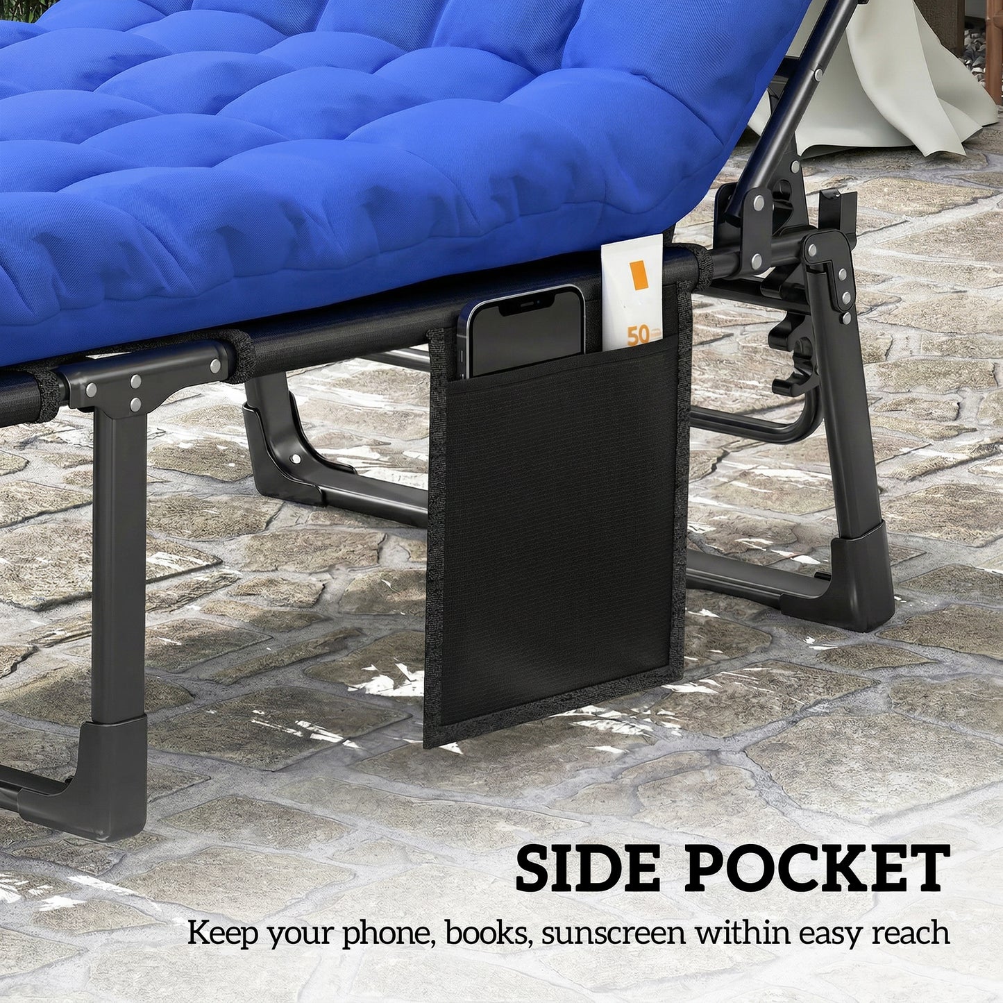 Folding Sun Loungers for Garden Set of 2, 5-Position Oversized Camping Bed Recliner with Cushions, Blue