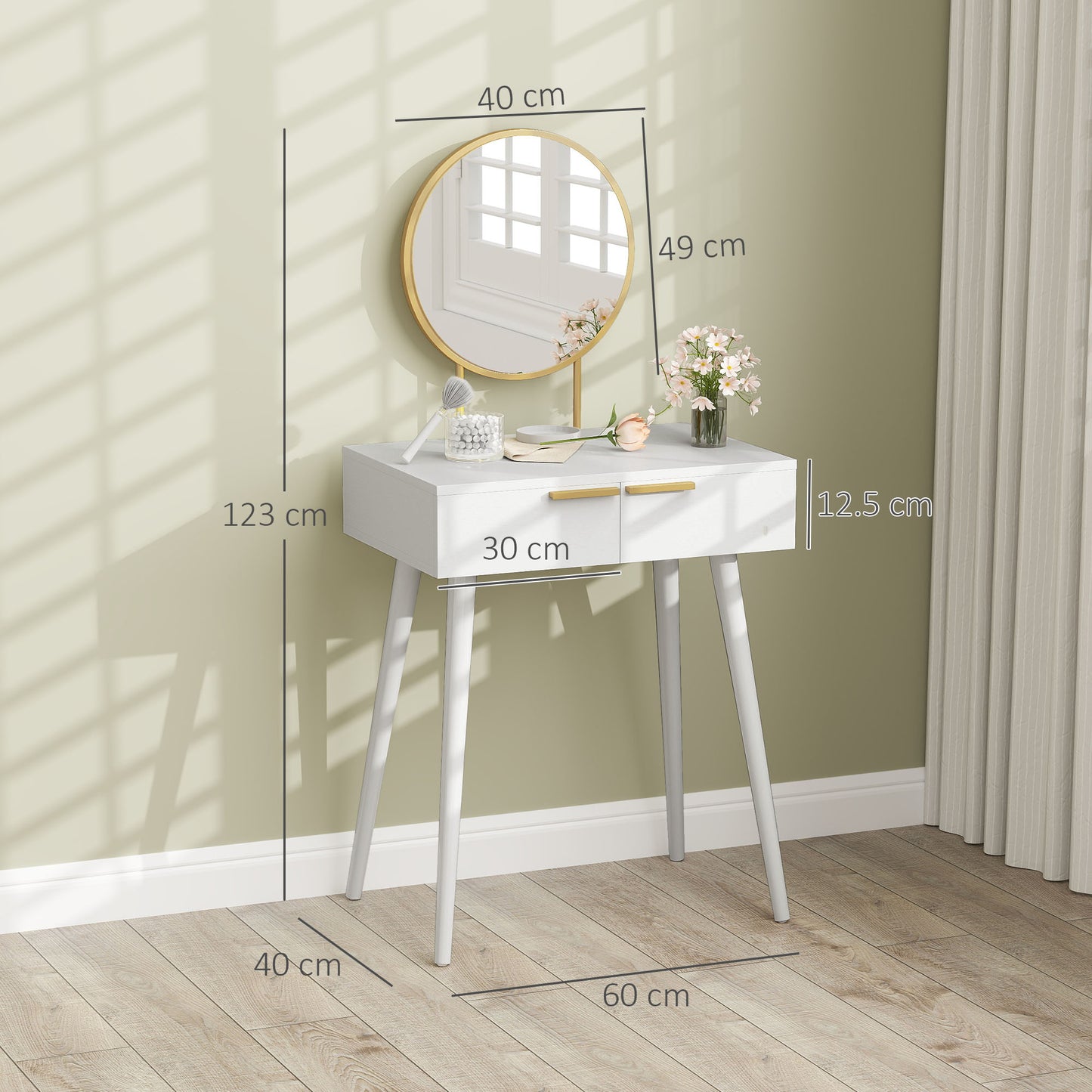 Elegant Dressing Table, with Round Mirror, 60 x 40 x 123 cm - White