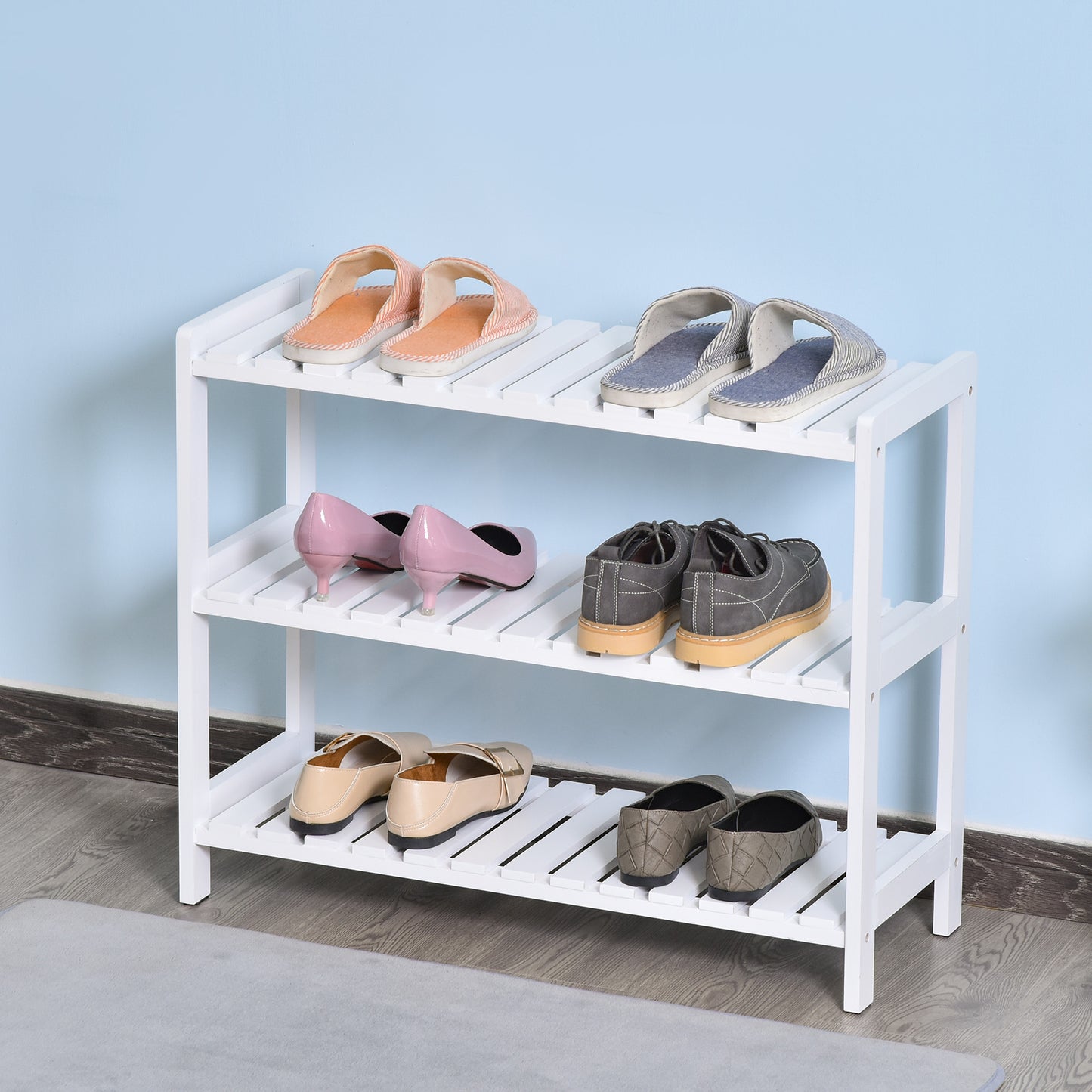 3-Tier Shoe Rack Wood Frame Slatted Shelves Spacious Open Hygienic Storage Home Hallway Furniture Family Guests 70L x 26W x 5