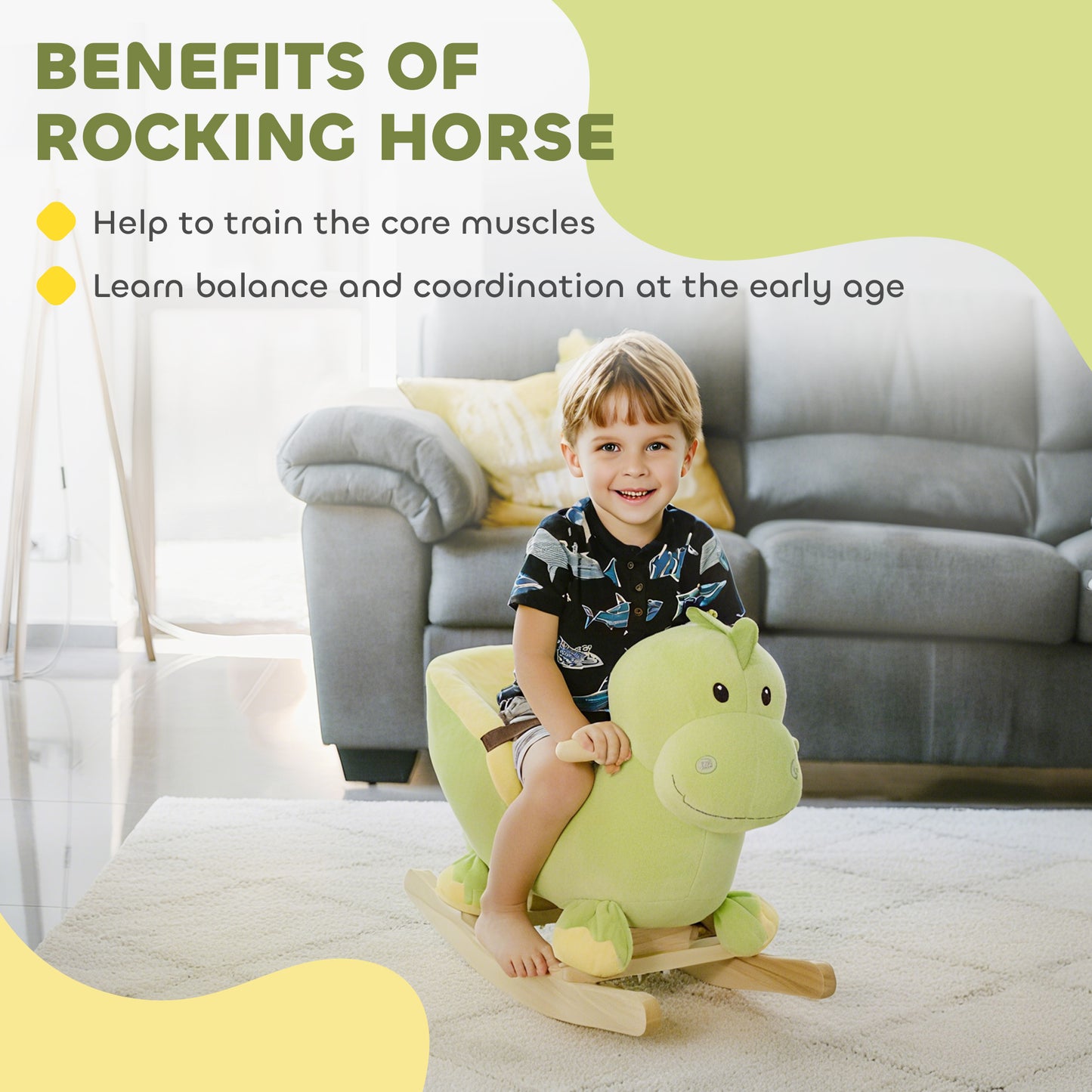 Kids Rocking Horse, Plush Ride-On Dinosaur Seat, with Seat Seat Belt, 32 Songs, Ride-On Horse