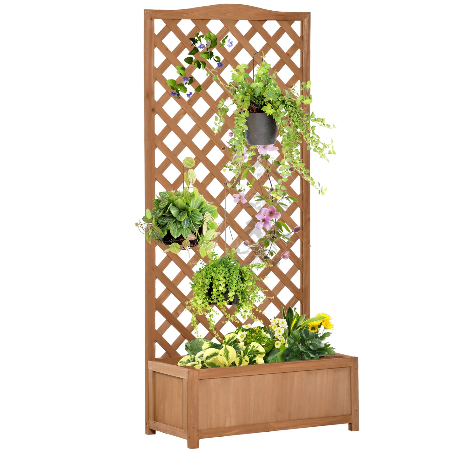 53L Garden Wooden Planter Box with Trellis Free Standing Flower Raised Bed with Lattice for Climbing Plants