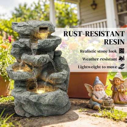 Outdoor Fountain with 6-Tier Rock Design, Waterfall Feature with LED Lights, Resin Freestanding Garden Fountain, Grey