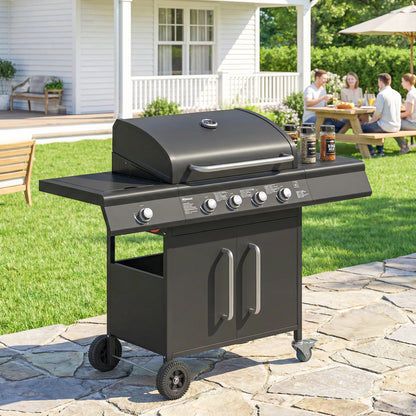 4+1 Burner Gas BBQ Grill with Storage Cabinet, 15.2 kW Gas Barbecue Trolley with Side Table, 4 Wheels, Warming Rack