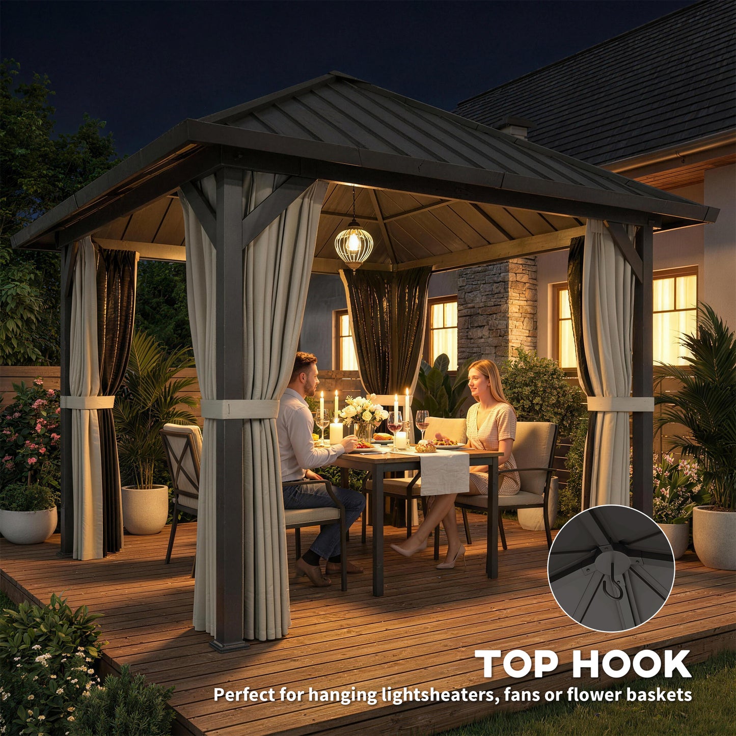 3 x 3(m) Hardtop Gazebo with Galvanised Steel Roof and Water Gutter, Waterproof Permanent Pavilion Garden Gazebo