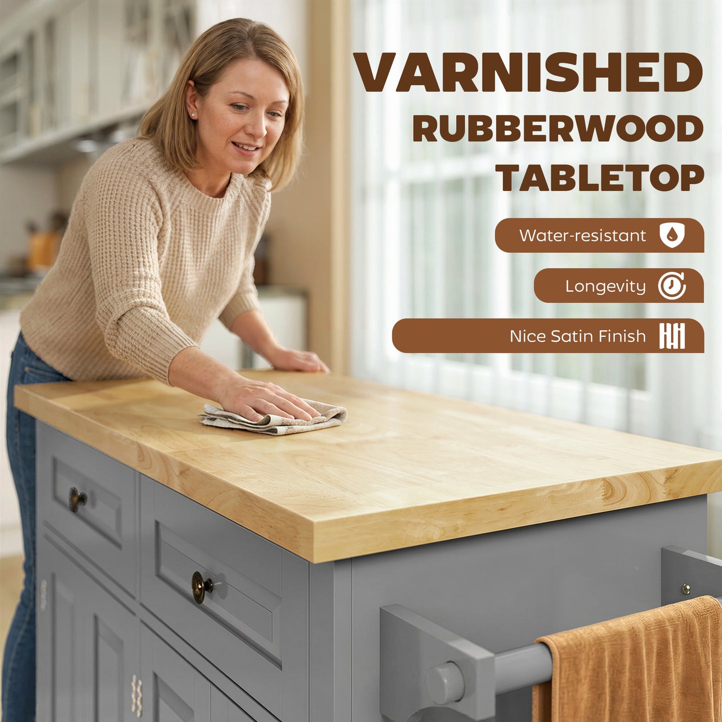 Rolling Kitchen Island Storage Trolley with Rubber Wood Top & Drawers for Dining Room, Grey