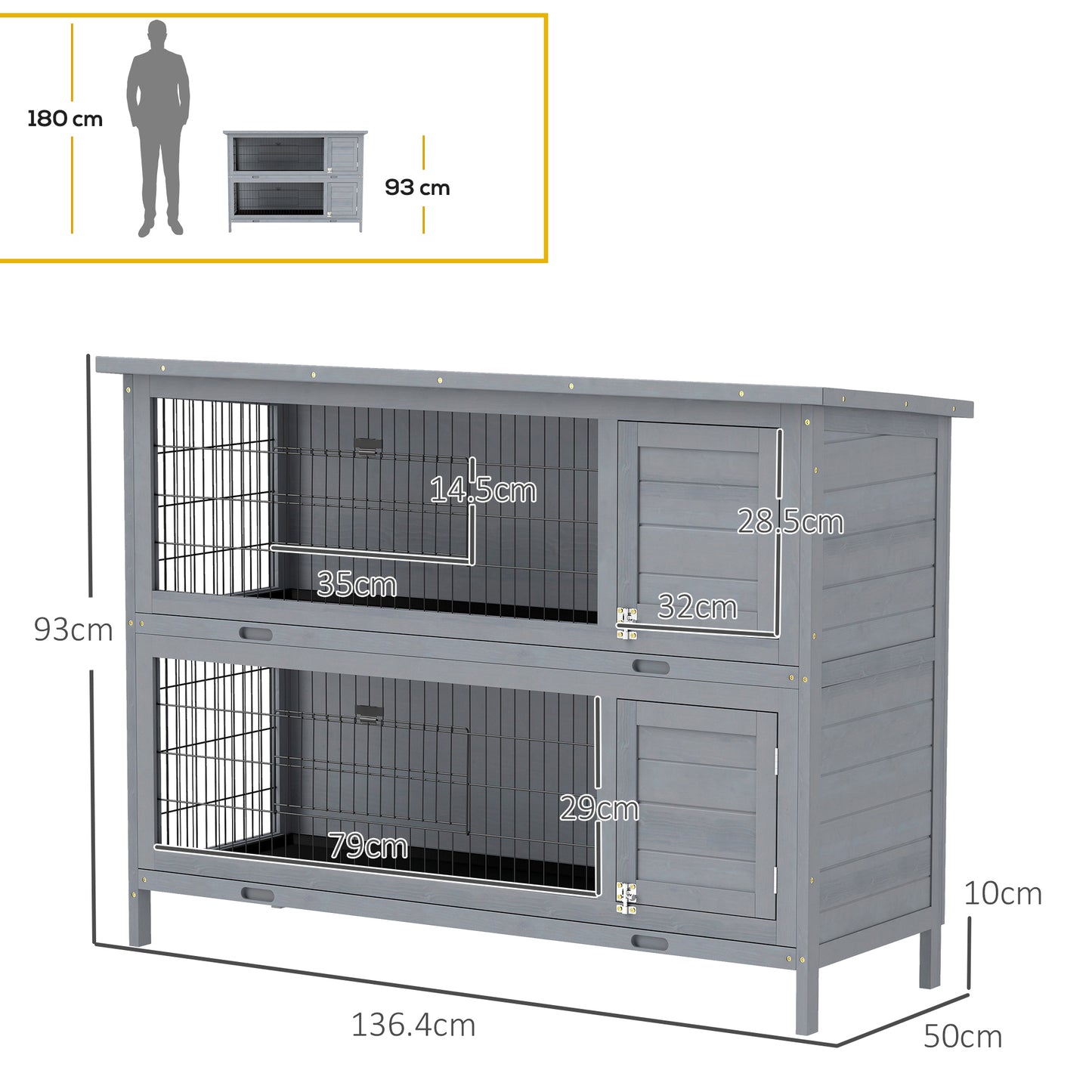 Rabbit Hutch Outdoor Guinea Pig Hutch Bunny Cage with No-Leak Trays, Divider, 136 x 50 x 93cm, Grey