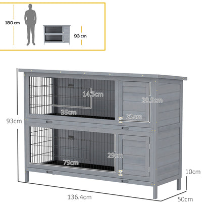 Rabbit Hutch Outdoor Guinea Pig Hutch Bunny Cage with No-Leak Trays, Divider, 136 x 50 x 93cm, Grey