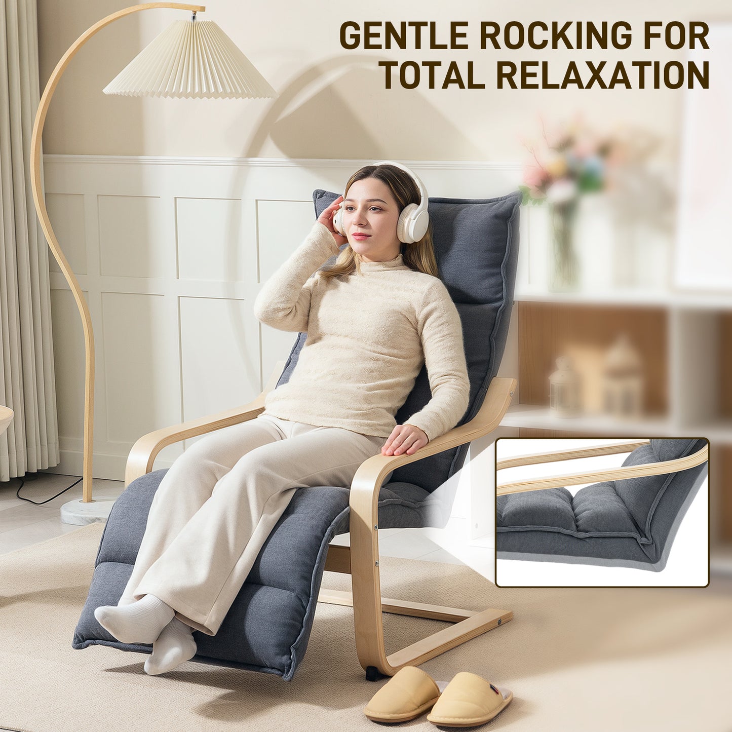 Curved Wooden Accent Chair, with Adjustable Footrest - Drak Grey