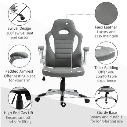 Computer Gaming Chair, Office Desk Swivel Chair, PU Leather Racing Chair with 90° Flip-up Armrest