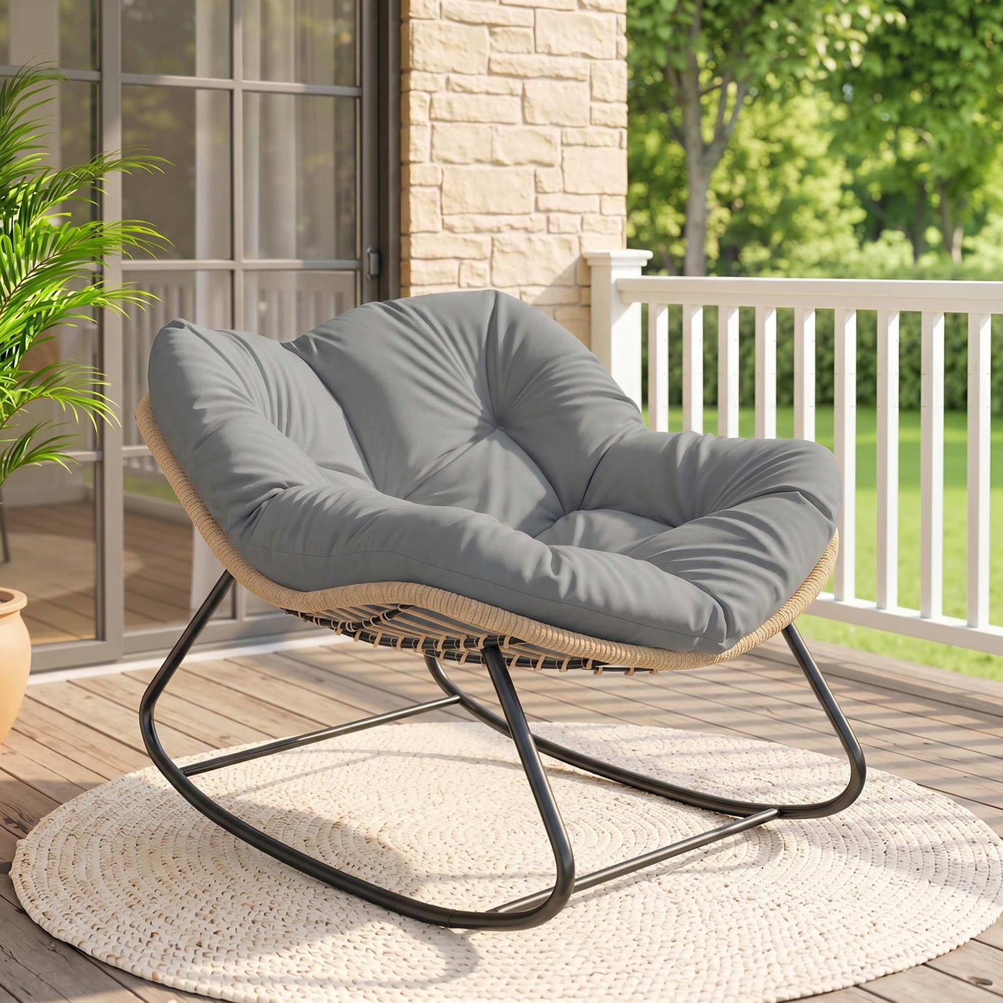 Indoor Outdoor Rocking Chair, Oversized Rocking Egg Chair with Cushion for Living Room, Garden, Patio, Grey