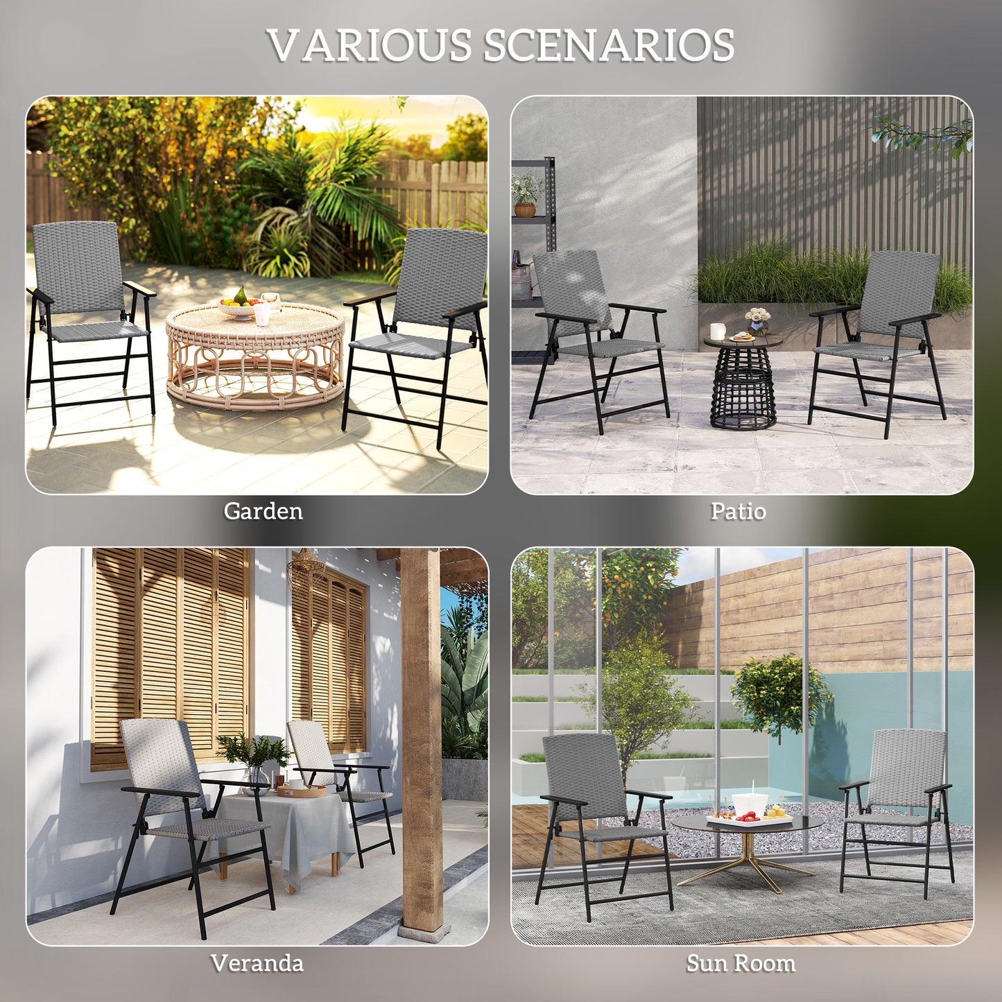 Set of Two Folding Rattan Seat Chairs - Grey