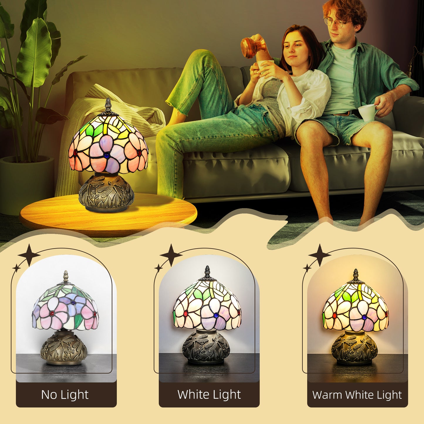 Tiffany-Style Table Lamp with Sculpted Dragonfly Base, Handcrafted Classic Stained Glass Bedside Lamp for Living Room and Bed