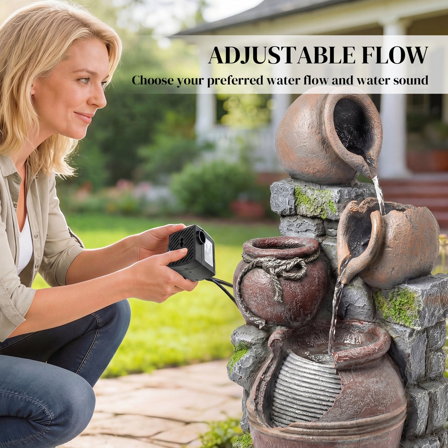 Outdoor Fountain with 4-Tier Rustic Pots & Planter, Garden Fountain with LED Lights, Rustic Brown