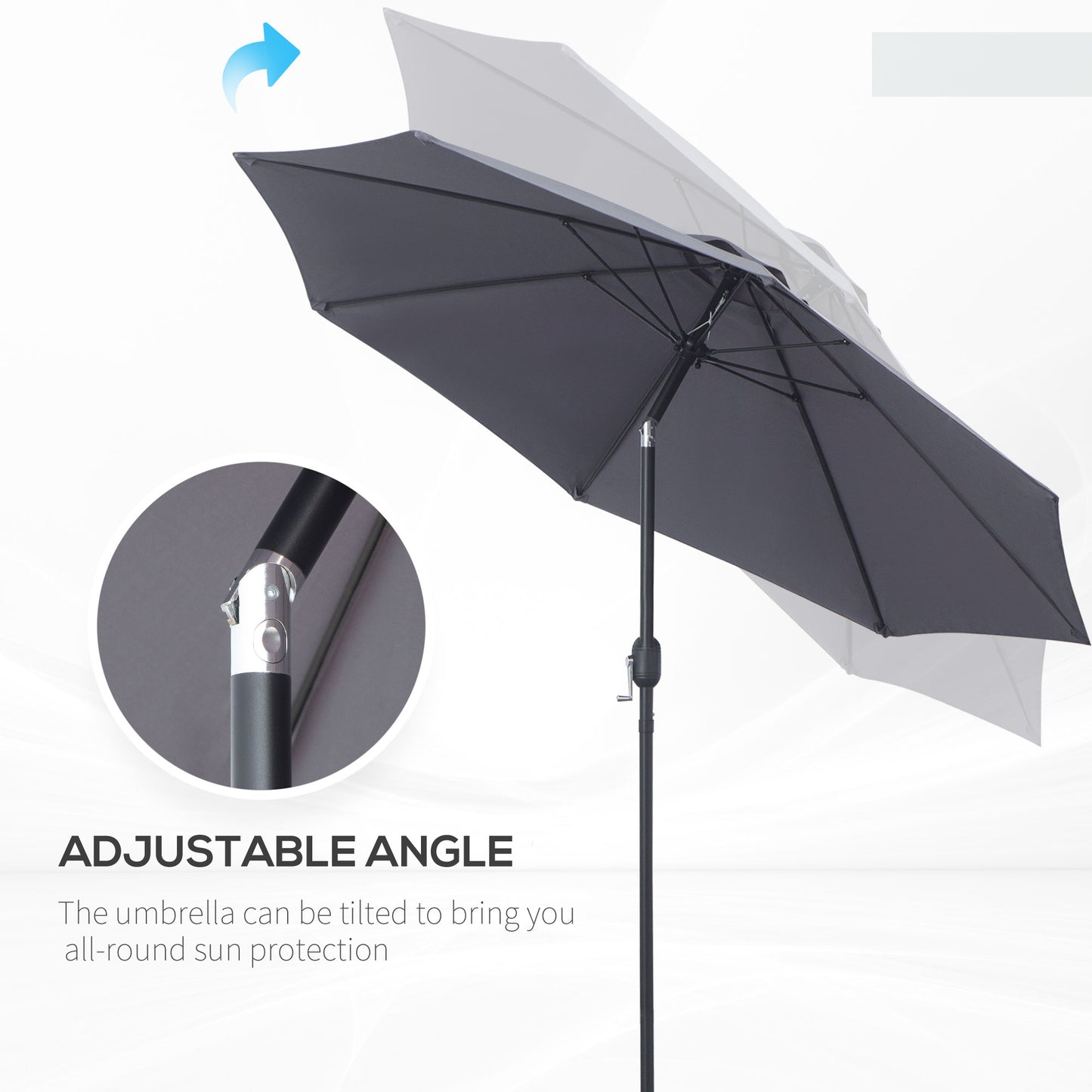 2.7M Garden Parasol Umbrella with Glass Fibre Ribs and Aluminium Frame, Tilting Sun Shade Shelter Canopy, Charcoal Grey