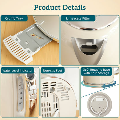 Polished Retro 40-100°C Kettle and Toaster Set - Cream