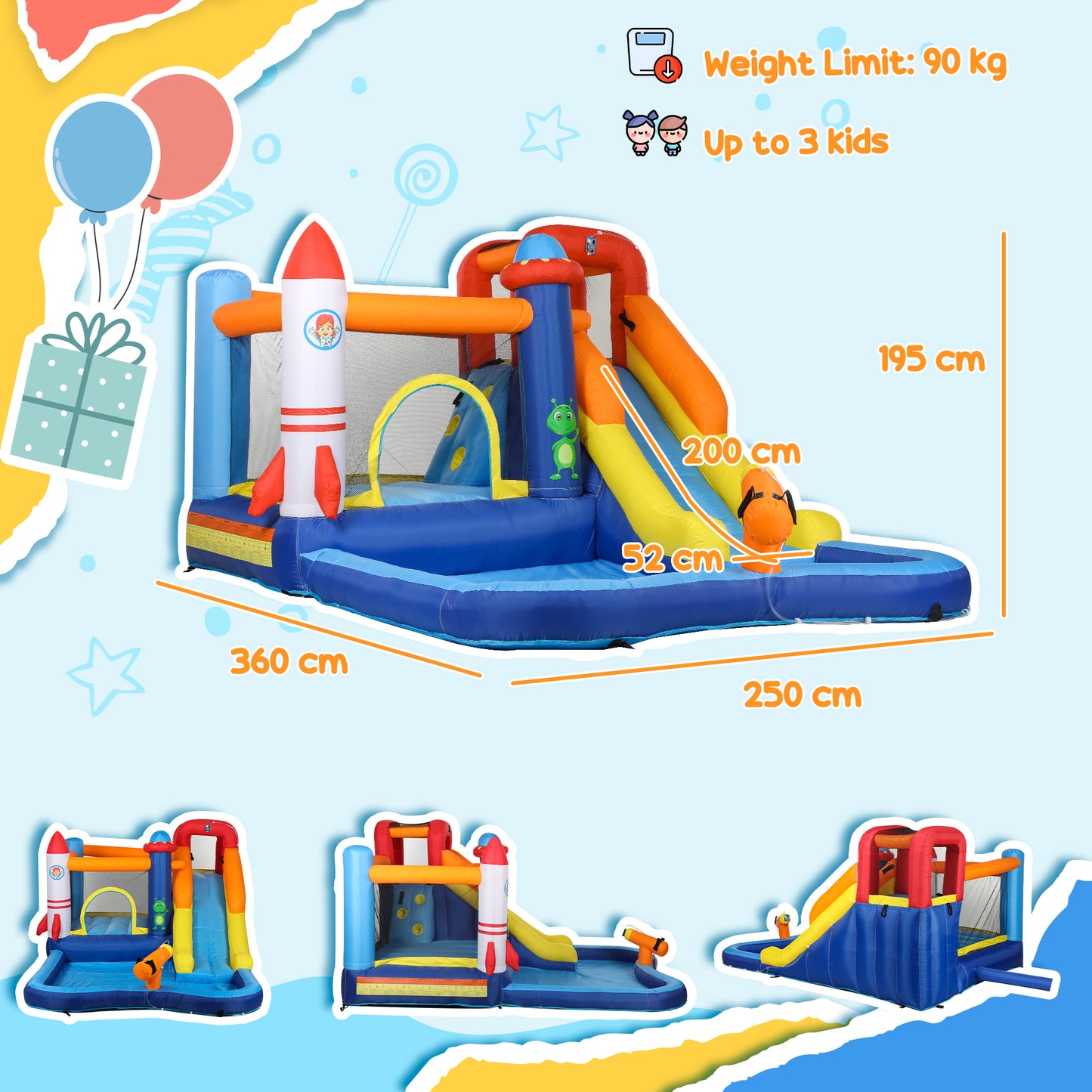 5 in 1 Bouncy Castle for Children with 550W Blower, Water Slide, Splash Pool, Jumping Area, Climbing Wall, Cannon
