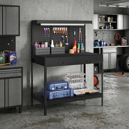 110 cm Workbench with Pegboard, Heavy Duty Work Table with Power Strip and LED Light, Black