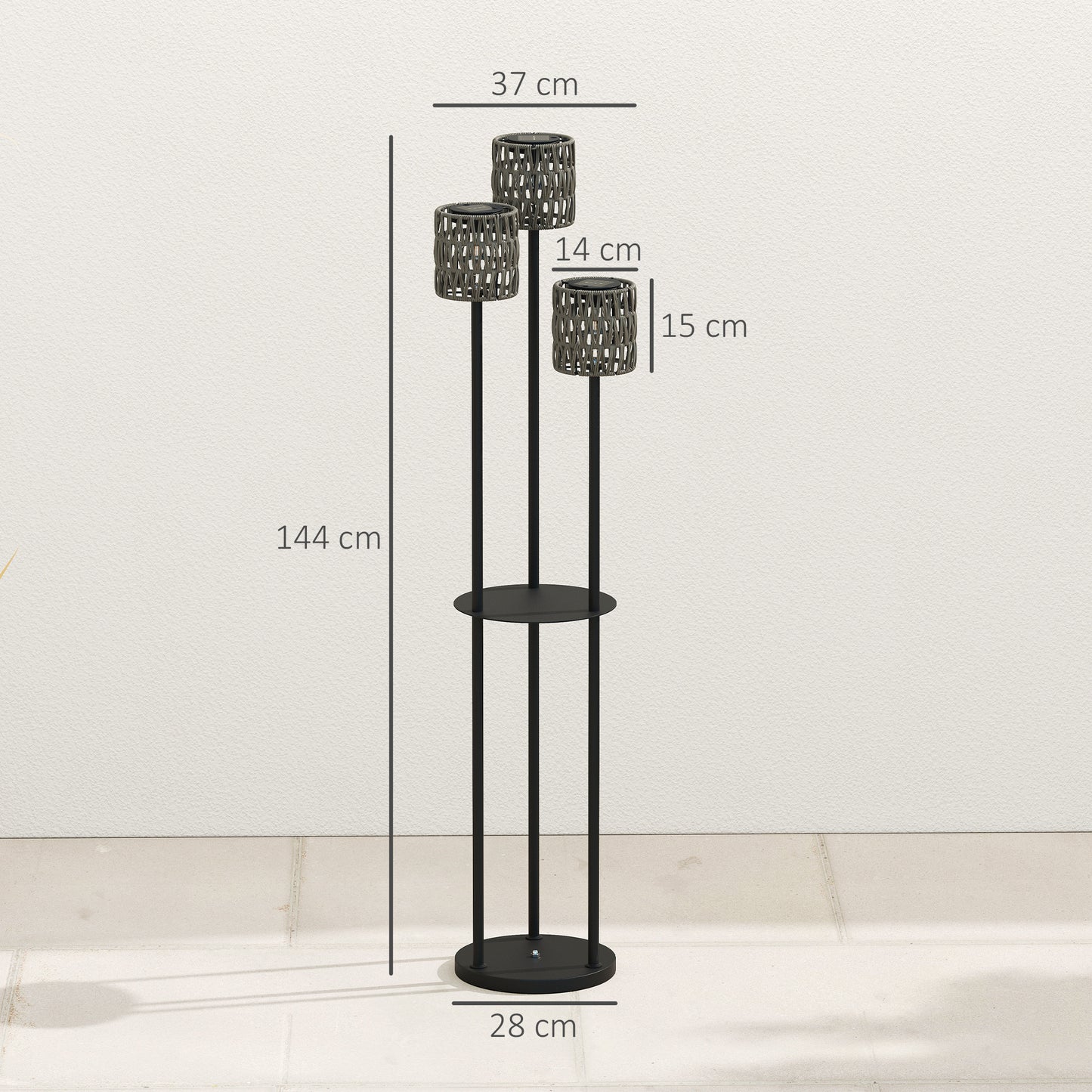 Boho Rattan Floor Lamp, 3-Lights Rattan Lamp with Shelf, Freestanding Solar Garden Light with Auto On/Off Lights, Grey