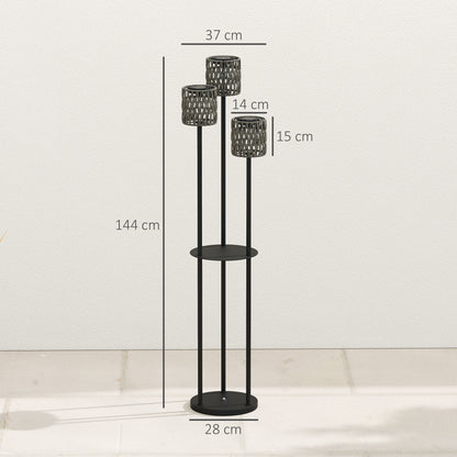 Boho Rattan Floor Lamp, 3-Lights Rattan Lamp with Shelf, Freestanding Solar Garden Light with Auto On/Off Lights, Grey