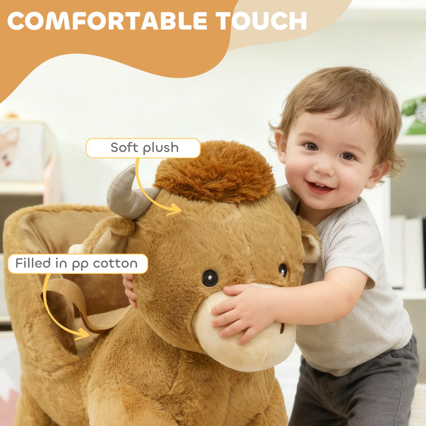 Baby Rocking Horse with Safety Belt, Wood Base, Animal Rocker for Children, Brown