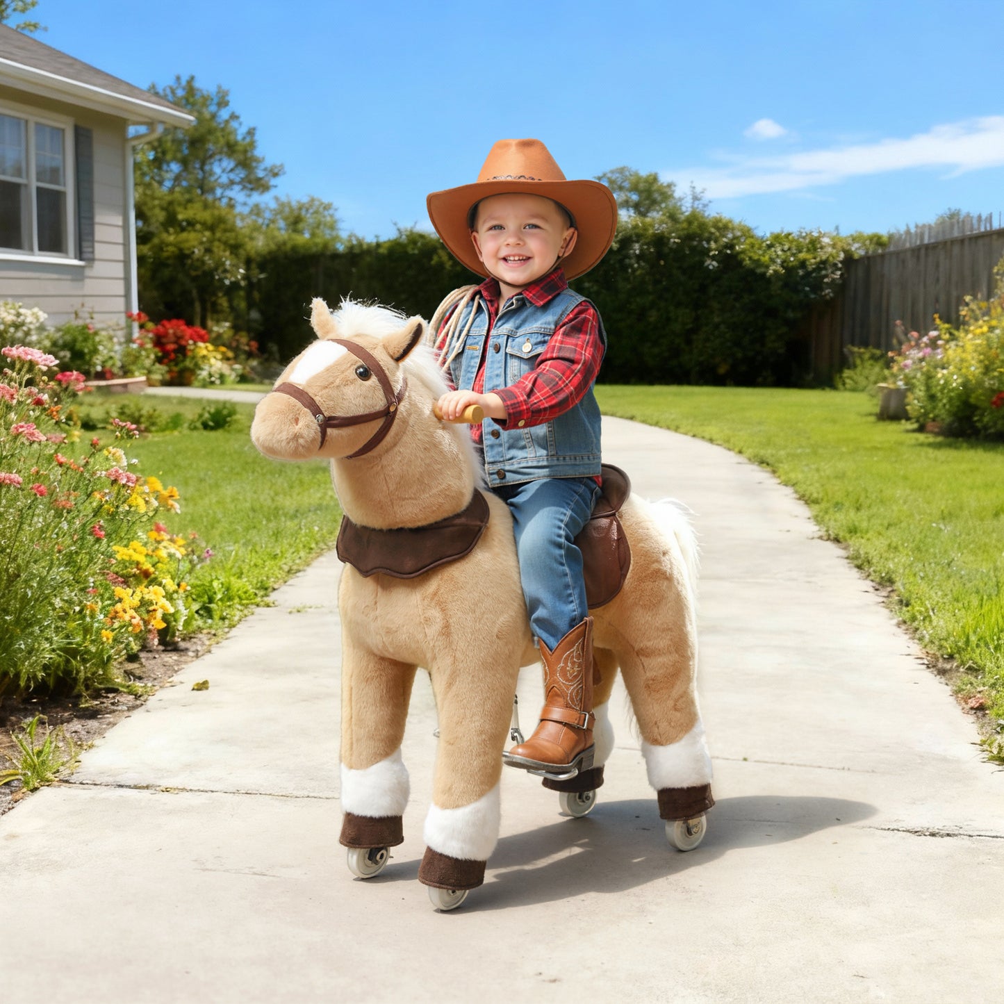 Rocking Horse, Plush Ride On Horse with Rolling Wheels & Saddle, Ride On Pony Toy for Kids 3-5 Years, Up to 25kg, Brown