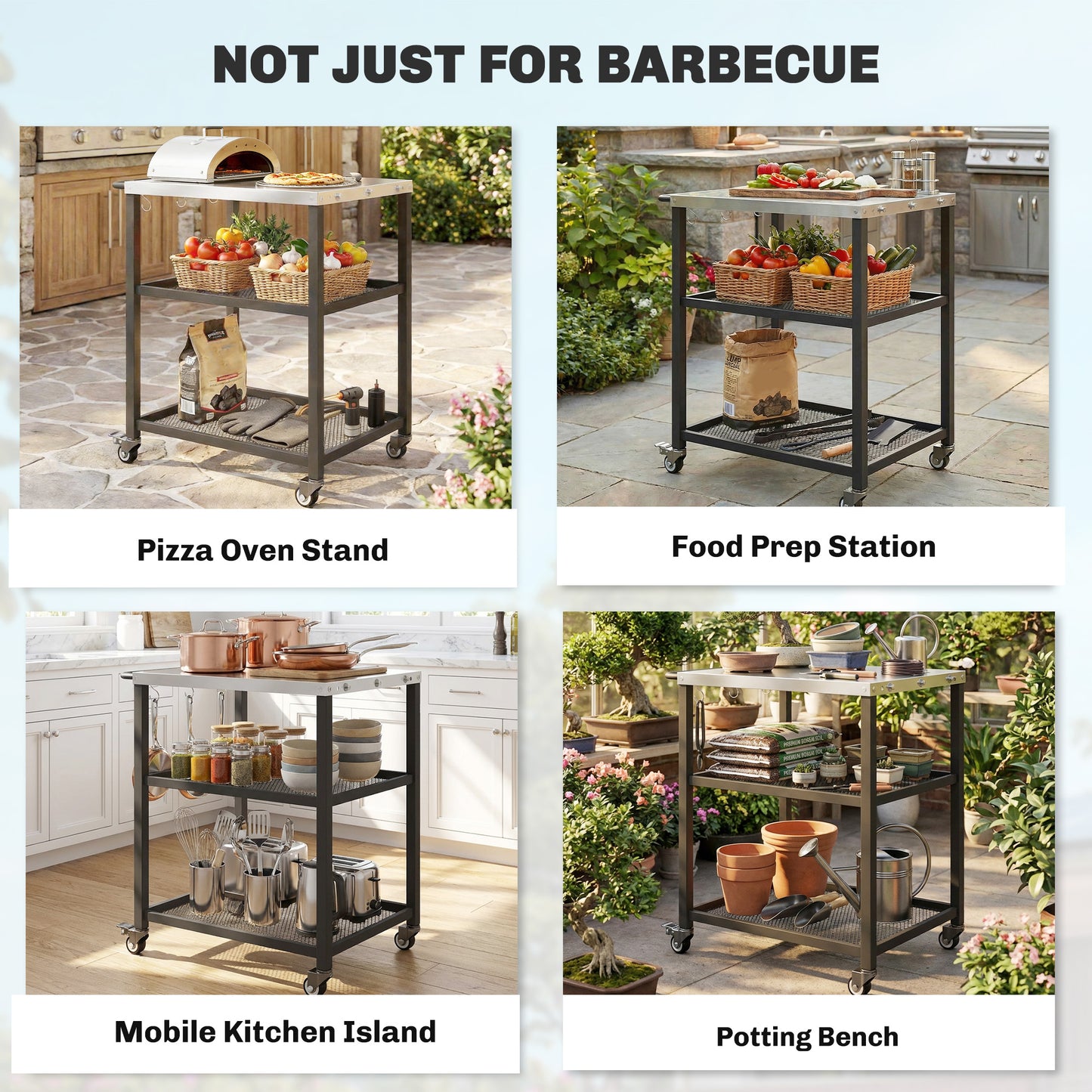 Outdoor Grill Cart with Stainless Steel Tabletop, 3-Tier Pizza Oven Stand with Adjustable Shelf, Hooks, Wheels, Black