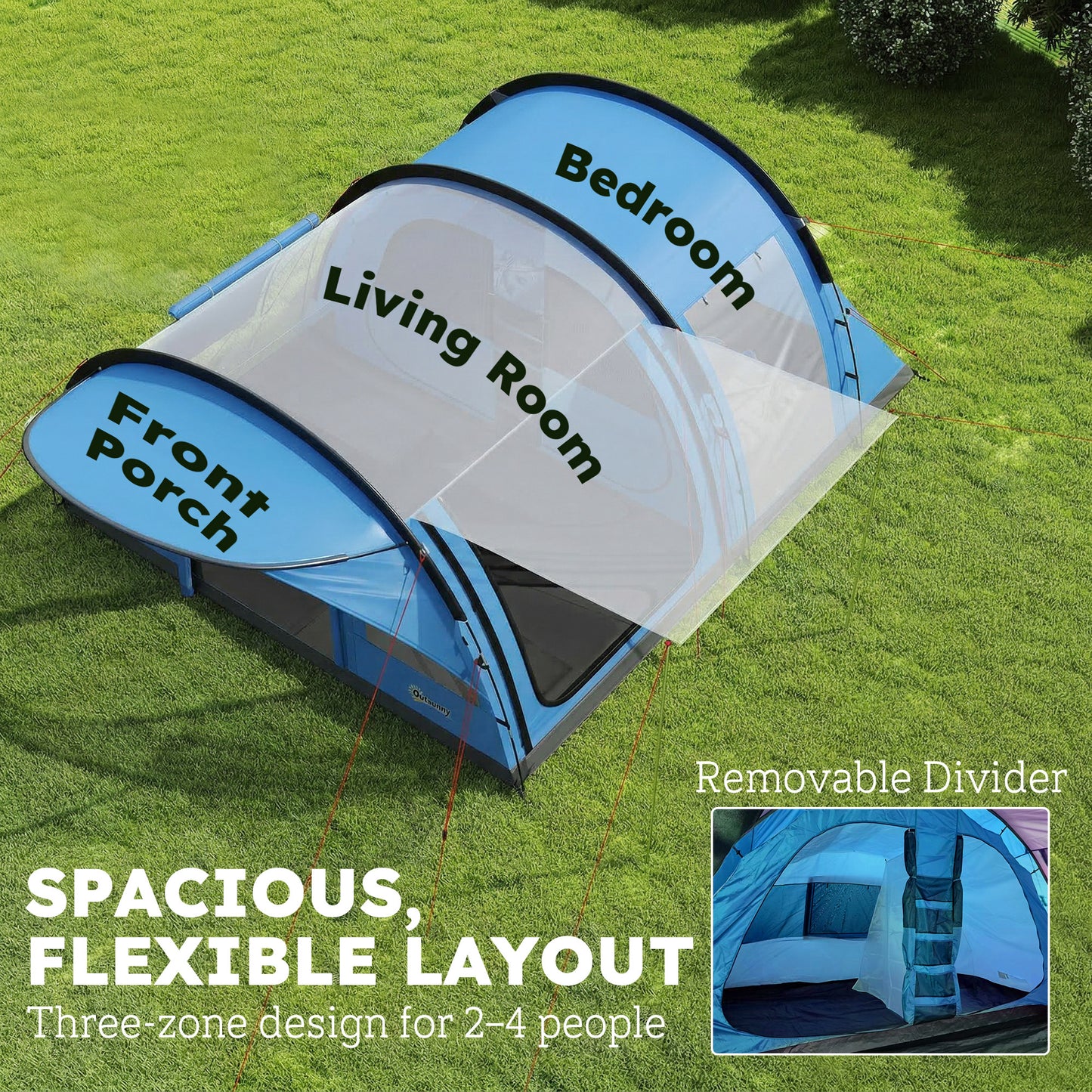 4 Person Easy Setup Family Camping Tent with 2 Rooms, Waterproof Tunnel Tent w/ Sewn In Groundsheet, Sky Blue & Grey