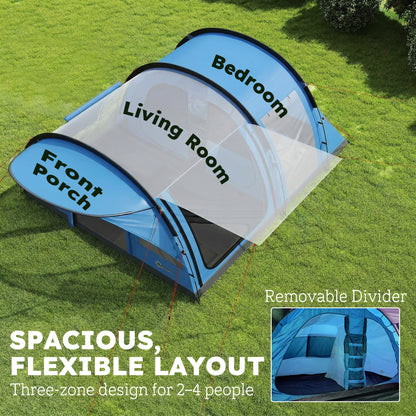 4 Person Easy Setup Family Camping Tent with 2 Rooms, Waterproof Tunnel Tent w/ Sewn In Groundsheet, Sky Blue & Grey