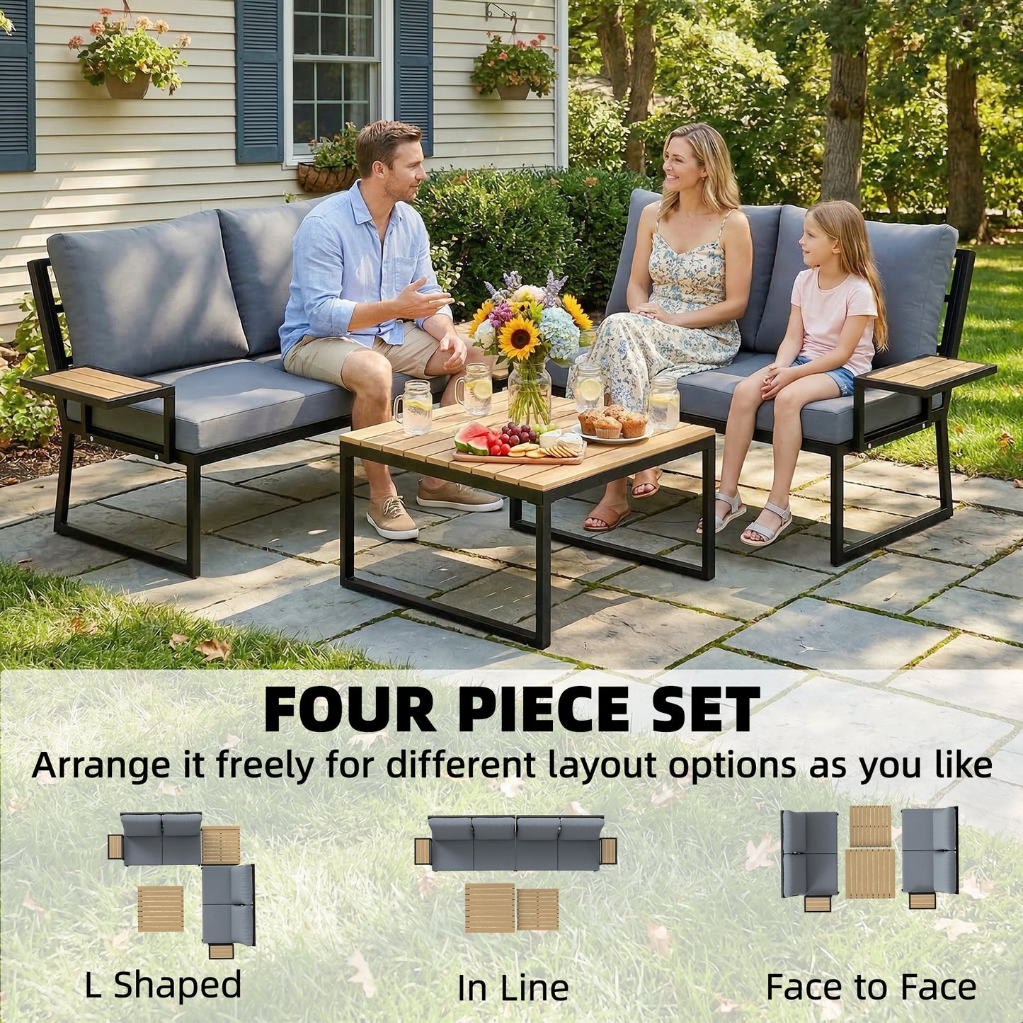4 Seater Metal Garden Furniture Set, Corner Garden Sofa Set with 2 Loveseats, 2 Nesting Tables, Arm Side Trays, Teak
